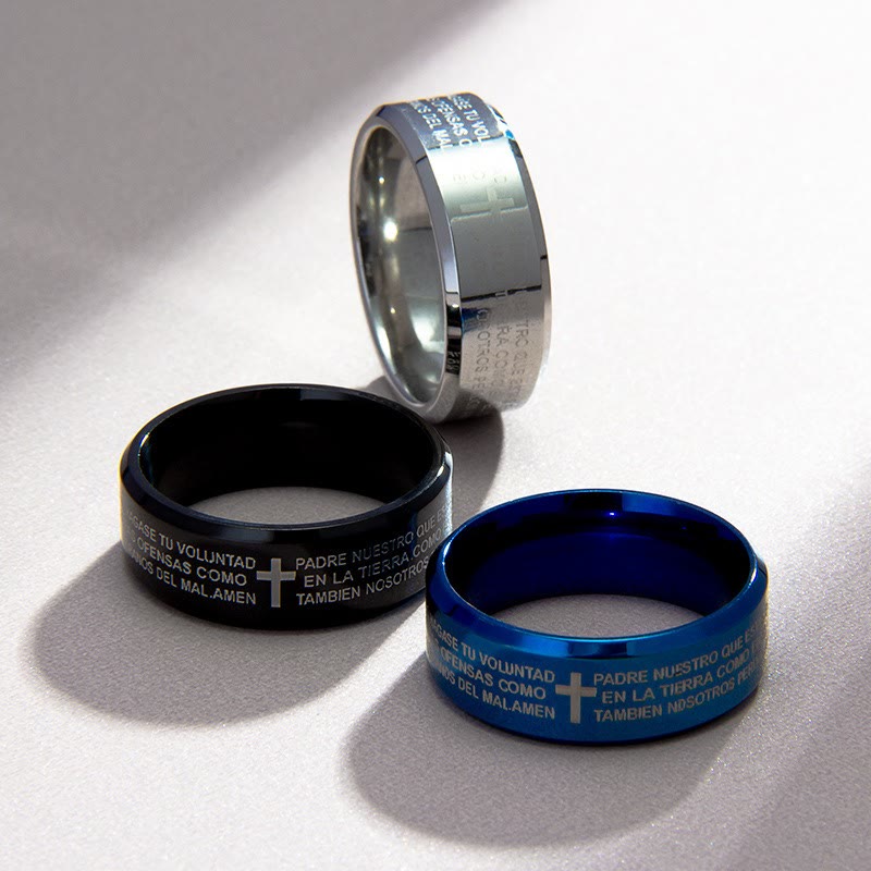Christianartworkshop Bague minimaliste tricolore 8 mm avec verset sacré et motif croix : Affichez votre foi - US6 - Bleu - image 0