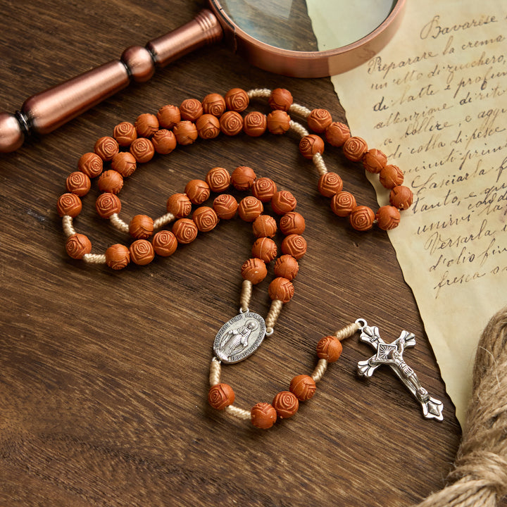 Christianartworkshop Chapelet en ambre sculpté, perles florales en forme de rose et médaille miraculeuse : Fleur de dévotion - image 2