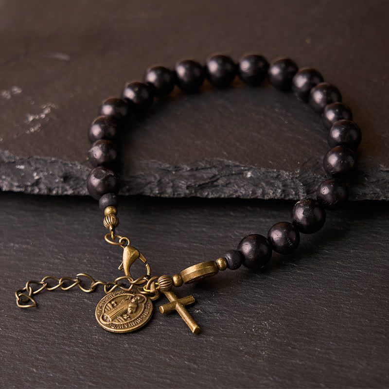 Christianartworkshop Bracelet de protection Saint Benoît le Bienheureux en perles d'ébène - Tour de poignet : 16-19 cm - image 0