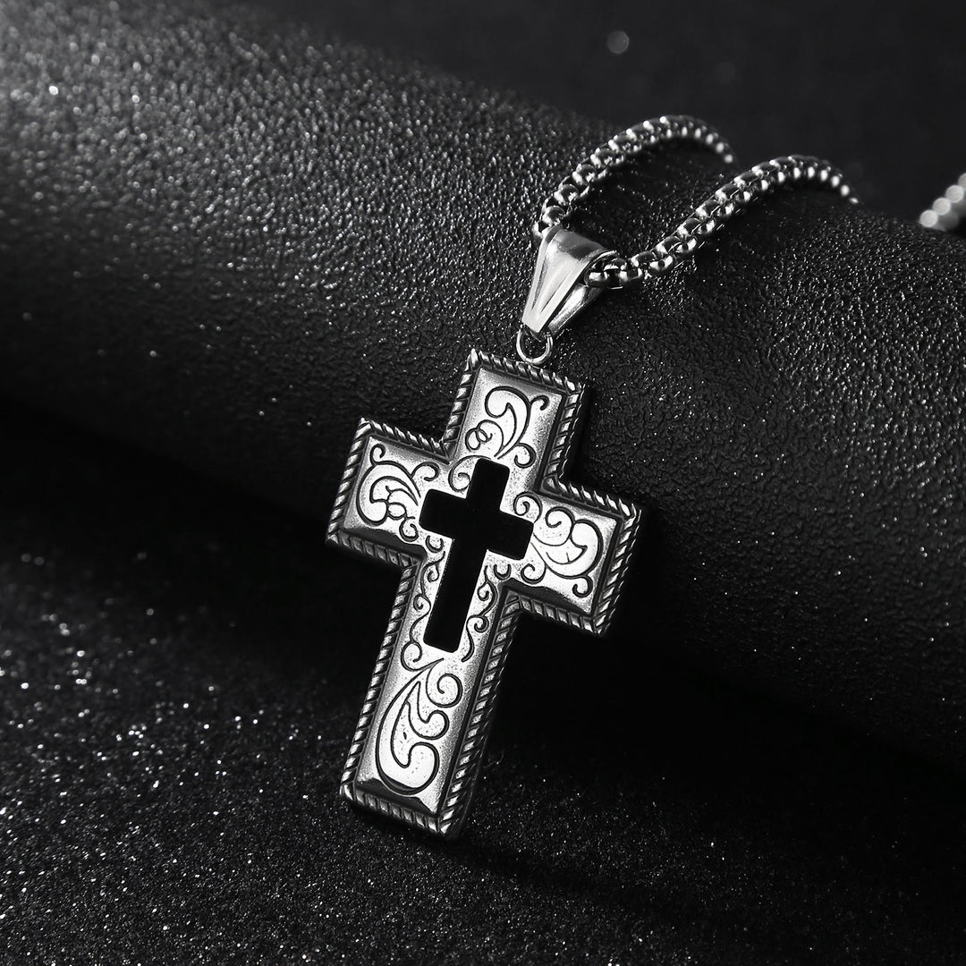 Christianartworkshop Collier vintage antique en forme de croix creuse orné de volutes florales - Croix - image 0