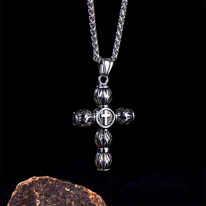 Christianartworkshop Collier croix cylindrique épaisse à motif flamme avec emblème central en relief - image 3