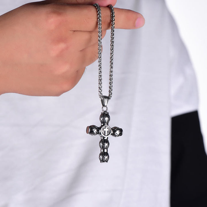 Christianartworkshop Collier croix cylindrique épaisse à motif flamme avec emblème central en relief - image 4