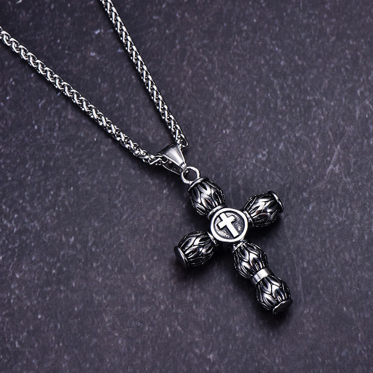 Christianartworkshop Collier croix cylindrique épaisse à motif flamme avec emblème central en relief - image 2