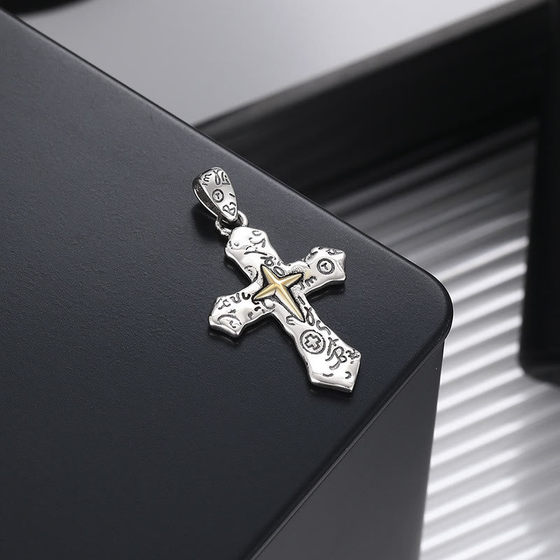 Collier croix vintage gravée Christianartworkshop S925 avec glyphes spirituels : Accueillez l'esprit - Croix - image 0