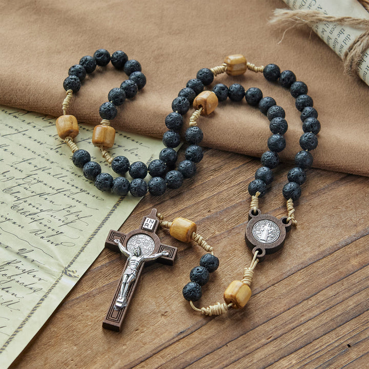Christianartworkshop Chapelet en pierre volcanique naturelle et durable avec médaille de saint Benoît et crucifix - Saint Benoît et le Crucifix - image 0