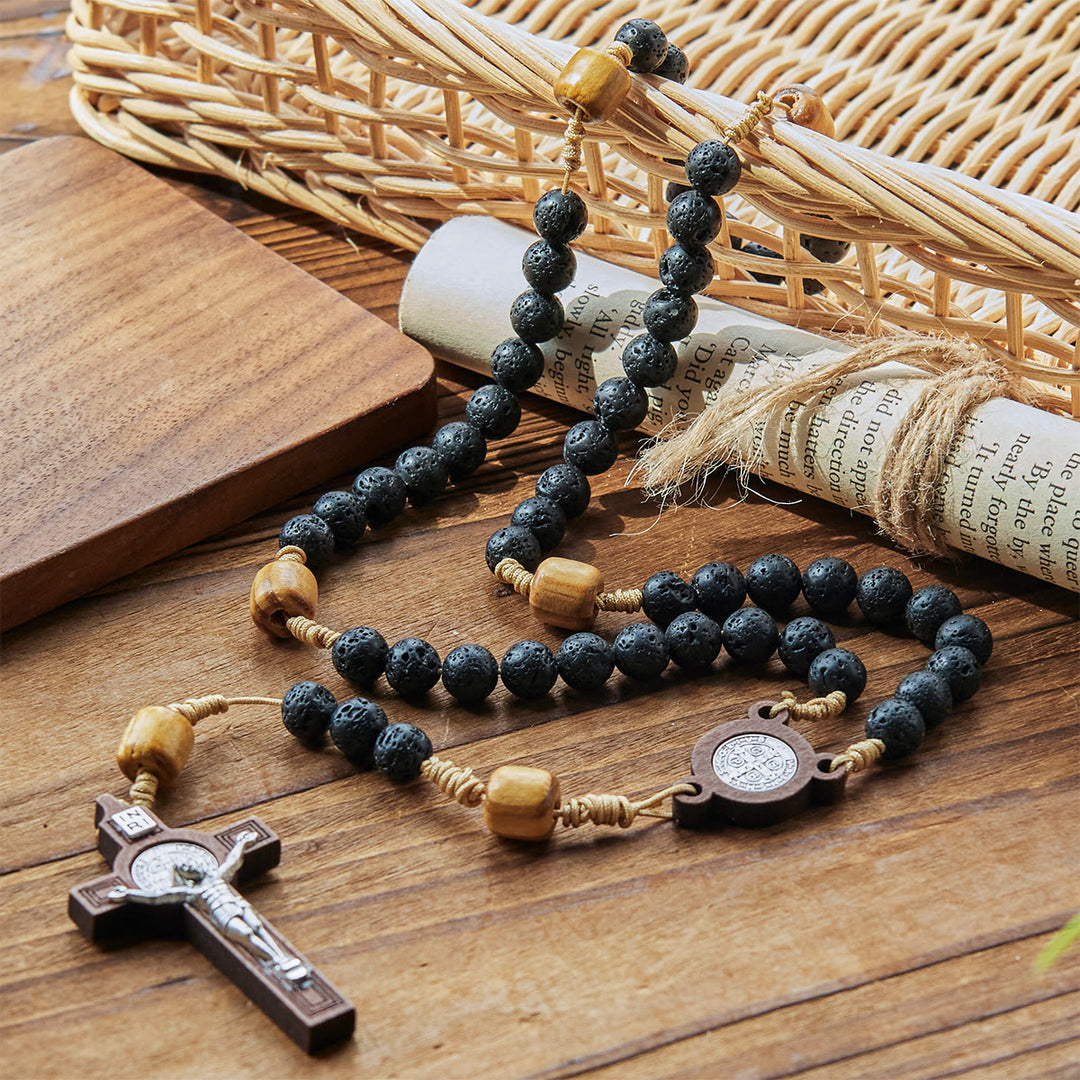 Christianartworkshop Chapelet en pierre volcanique naturelle et durable avec médaille de saint Benoît et crucifix - image 3