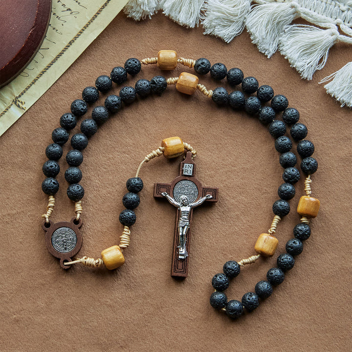 Christianartworkshop Chapelet en pierre volcanique naturelle et durable avec médaille de saint Benoît et crucifix - image 1