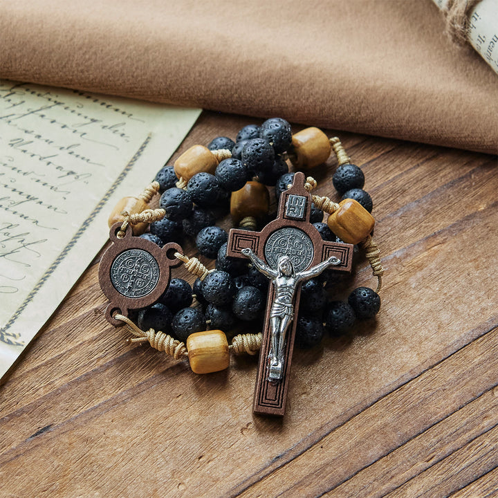 Christianartworkshop Chapelet en pierre volcanique naturelle et durable avec médaille de saint Benoît et crucifix - image 4