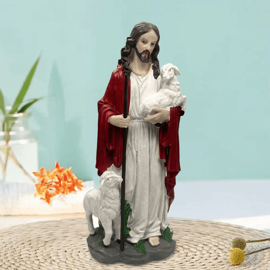 Christianartworkshop Sculpture du Bon Pasteur avec l'Agneau du Sacré-Cœur : Invitez la foi dans votre foyer - image 1