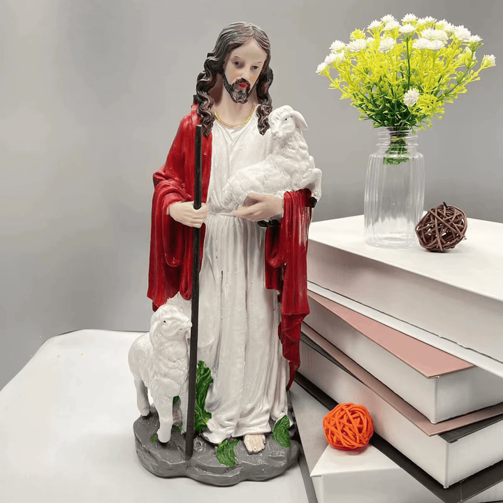 Christianartworkshop Sculpture du Bon Pasteur avec l'Agneau du Sacré-Cœur : Invitez la foi dans votre foyer - Statue du Bon Pasteur - image 0