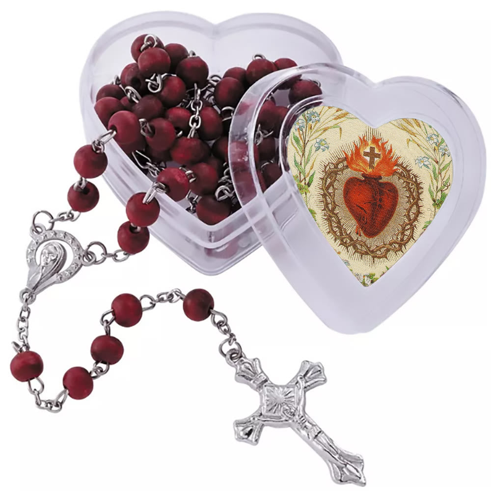 Christianartworkshop Chapelet à grains ronds bordeaux dans un coffret Sacré-Cœur de Jésus - image 3