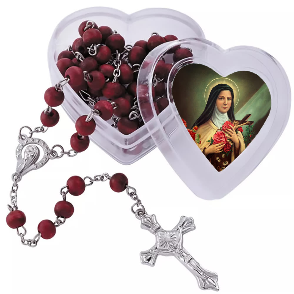 Christianartworkshop Chapelet à perles rouge vin avec Notre-Dame et crucifix dans un coffret en forme de cœur de Sainte Thérèse - image 4