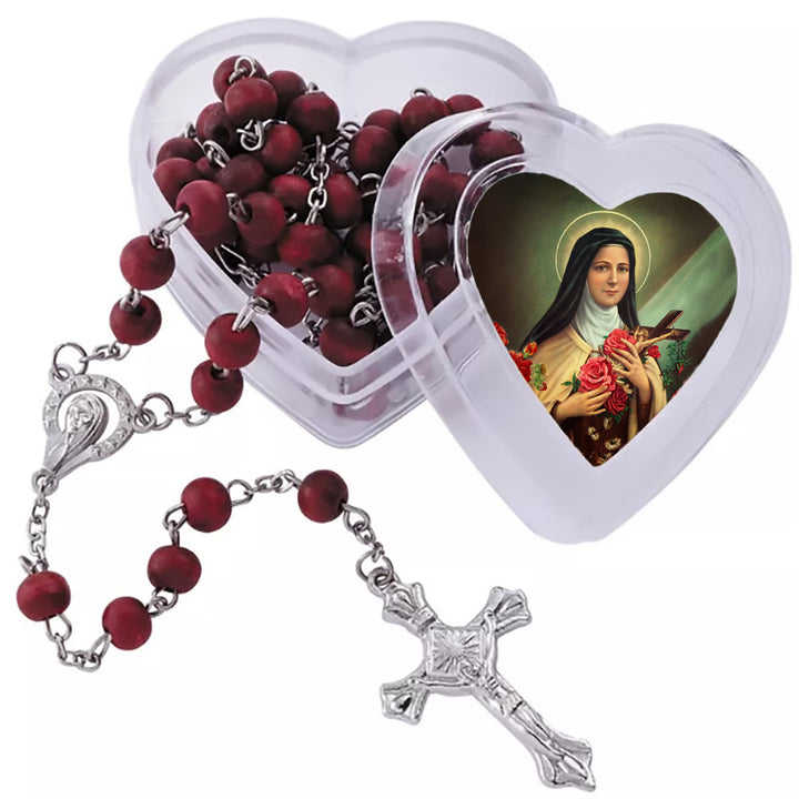 Christianartworkshop Chapelet à perles rouge vin avec Notre-Dame et crucifix dans un coffret en forme de cœur de Sainte Thérèse - image 4