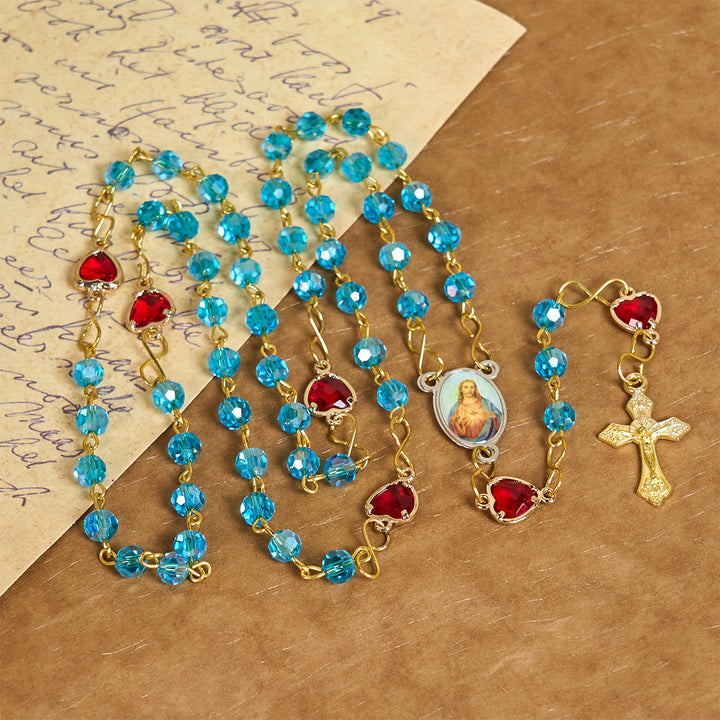 Christianartworkshop Chapelet en alliage de verre bleu polyédrique de 6 mm avec croix et Sacré-Cœur de Jésus - image 1