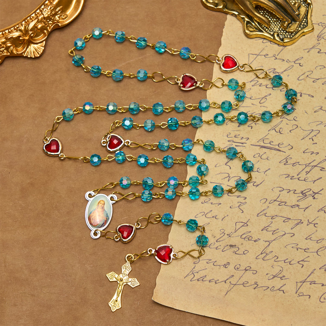 Christianartworkshop Chapelet en alliage de verre bleu polyédrique de 6 mm avec croix et Sacré-Cœur de Jésus - image 2
