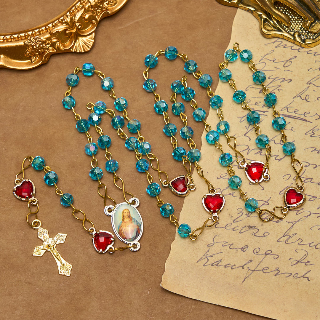 Christianartworkshop Chapelet en alliage de verre bleu polyédrique de 6 mm avec croix et Sacré-Cœur de Jésus - Sacré-Cœur de Jésus et crucifix - image 0