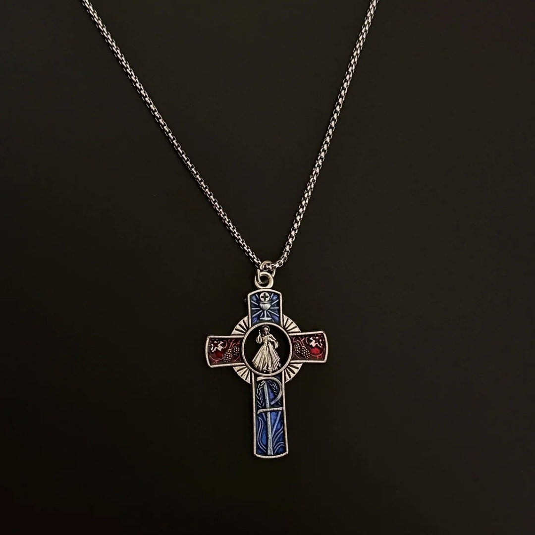 Christianartworkshop Collier croix rouge et bleue représentant le portrait classique de la Divine Miséricorde - image 2