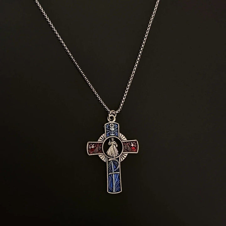 Christianartworkshop Collier croix rouge et bleue représentant le portrait classique de la Divine Miséricorde - image 2