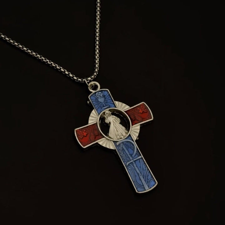 Christianartworkshop Collier croix rouge et bleue représentant le portrait classique de la Divine Miséricorde - Miséricorde divine - image 0