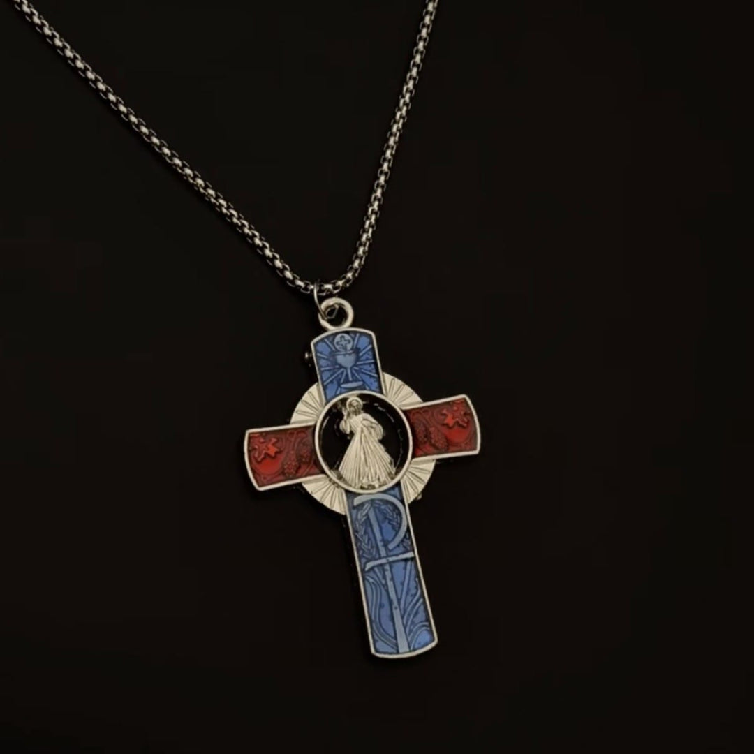 Christianartworkshop Collier croix rouge et bleue représentant le portrait classique de la Divine Miséricorde - image 1