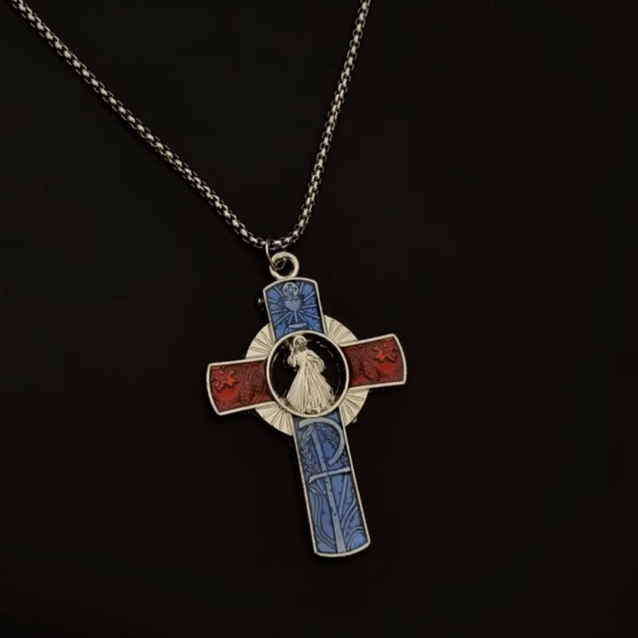 Christianartworkshop Collier croix rouge et bleue représentant le portrait classique de la Divine Miséricorde - image 1