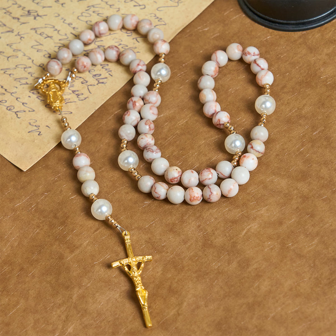 Christianartworkshop Chapelet en jaspe zébré rose mat et perles, orné d'une médaille miraculeuse et d'un crucifix. - image 2