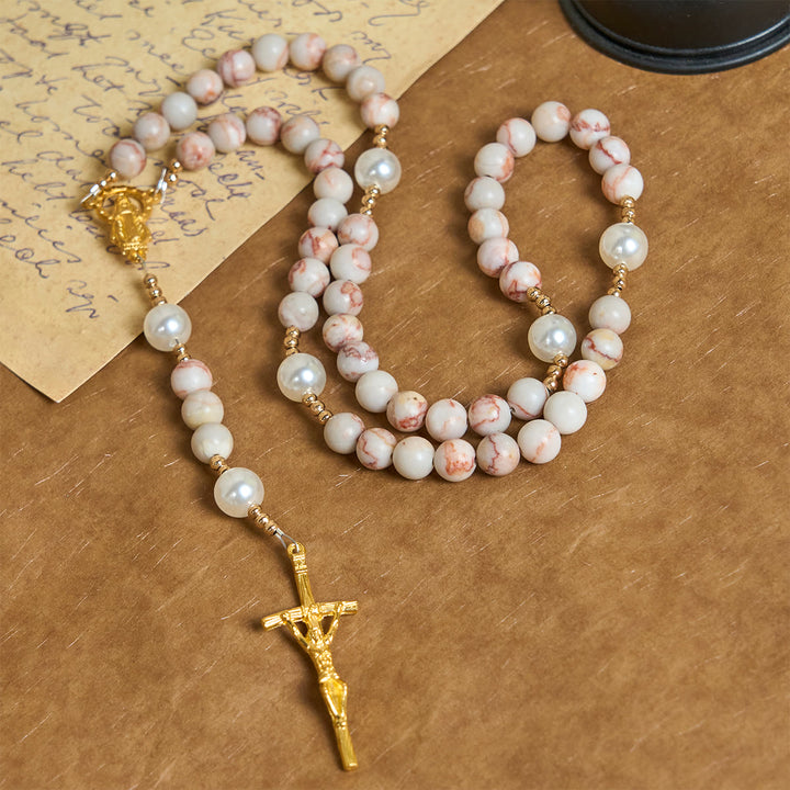 Christianartworkshop Chapelet en jaspe zébré rose mat et perles, orné d'une médaille miraculeuse et d'un crucifix. - image 2