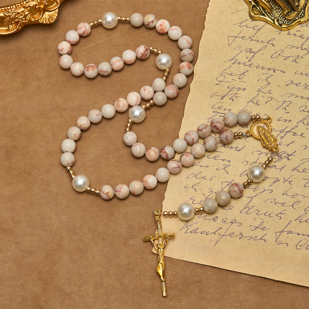 Christianartworkshop Chapelet en jaspe zébré rose mat et perles, orné d'une médaille miraculeuse et d'un crucifix. - Rose - image 0
