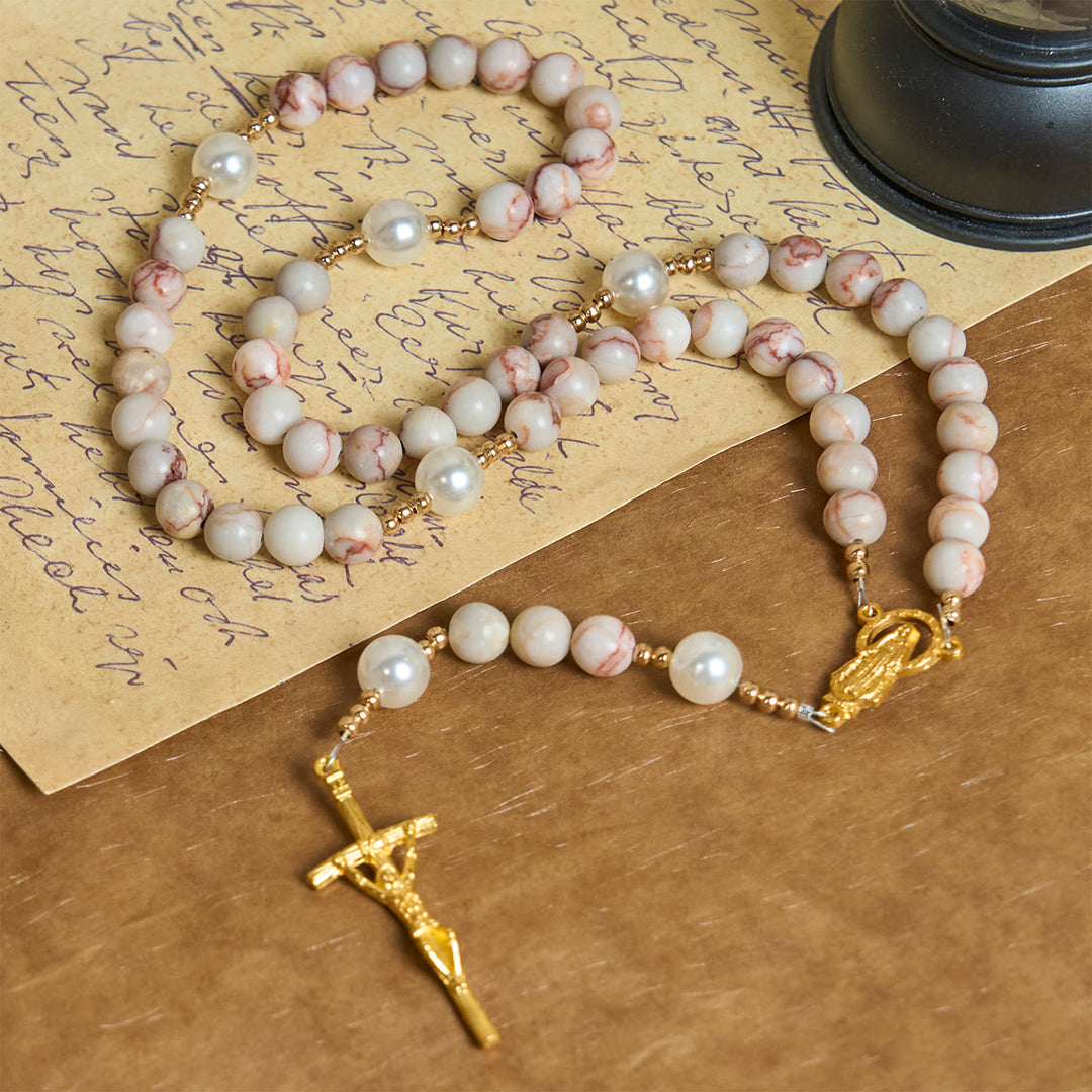 Christianartworkshop Chapelet en jaspe zébré rose mat et perles, orné d'une médaille miraculeuse et d'un crucifix. - image 1
