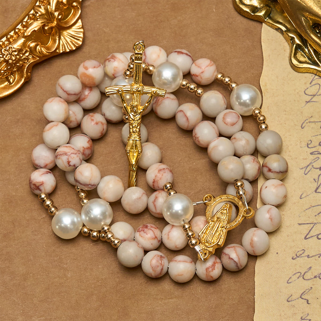 Christianartworkshop Chapelet en jaspe zébré rose mat et perles, orné d'une médaille miraculeuse et d'un crucifix. - image 4