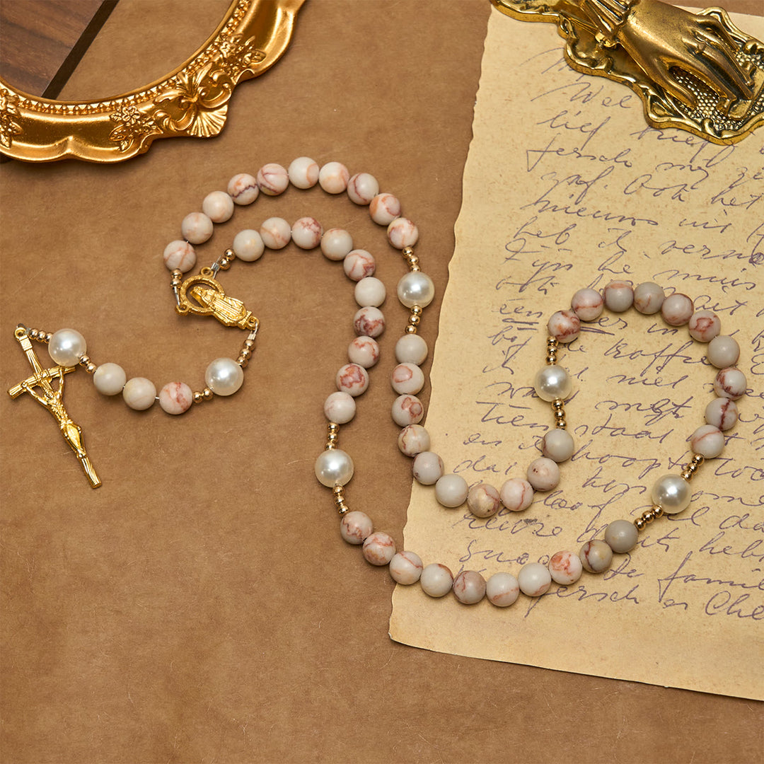 Christianartworkshop Chapelet en jaspe zébré rose mat et perles, orné d'une médaille miraculeuse et d'un crucifix. - image 3