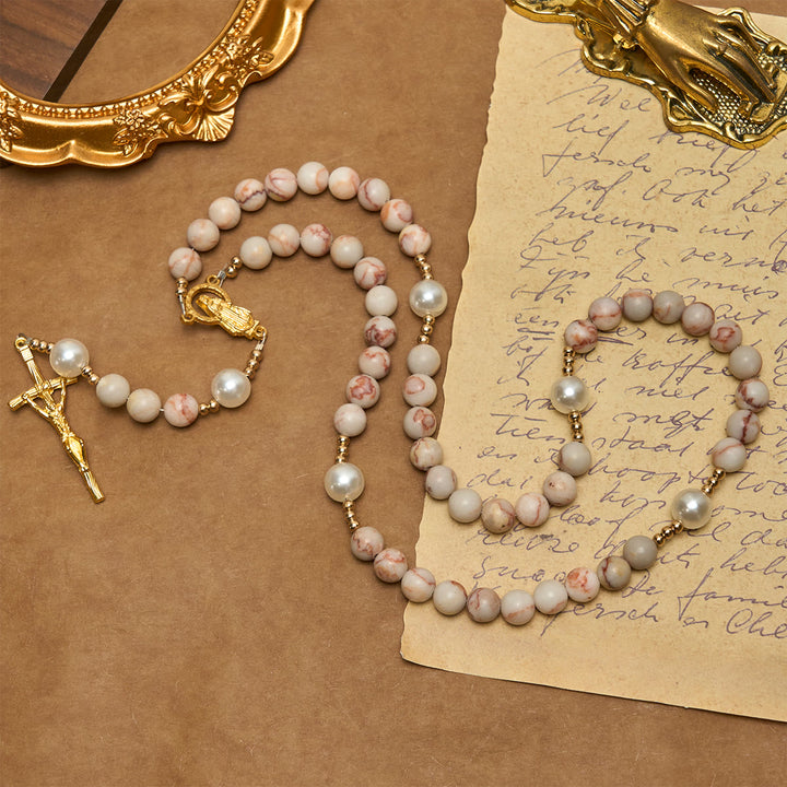 Christianartworkshop Chapelet en jaspe zébré rose mat et perles, orné d'une médaille miraculeuse et d'un crucifix. - image 3