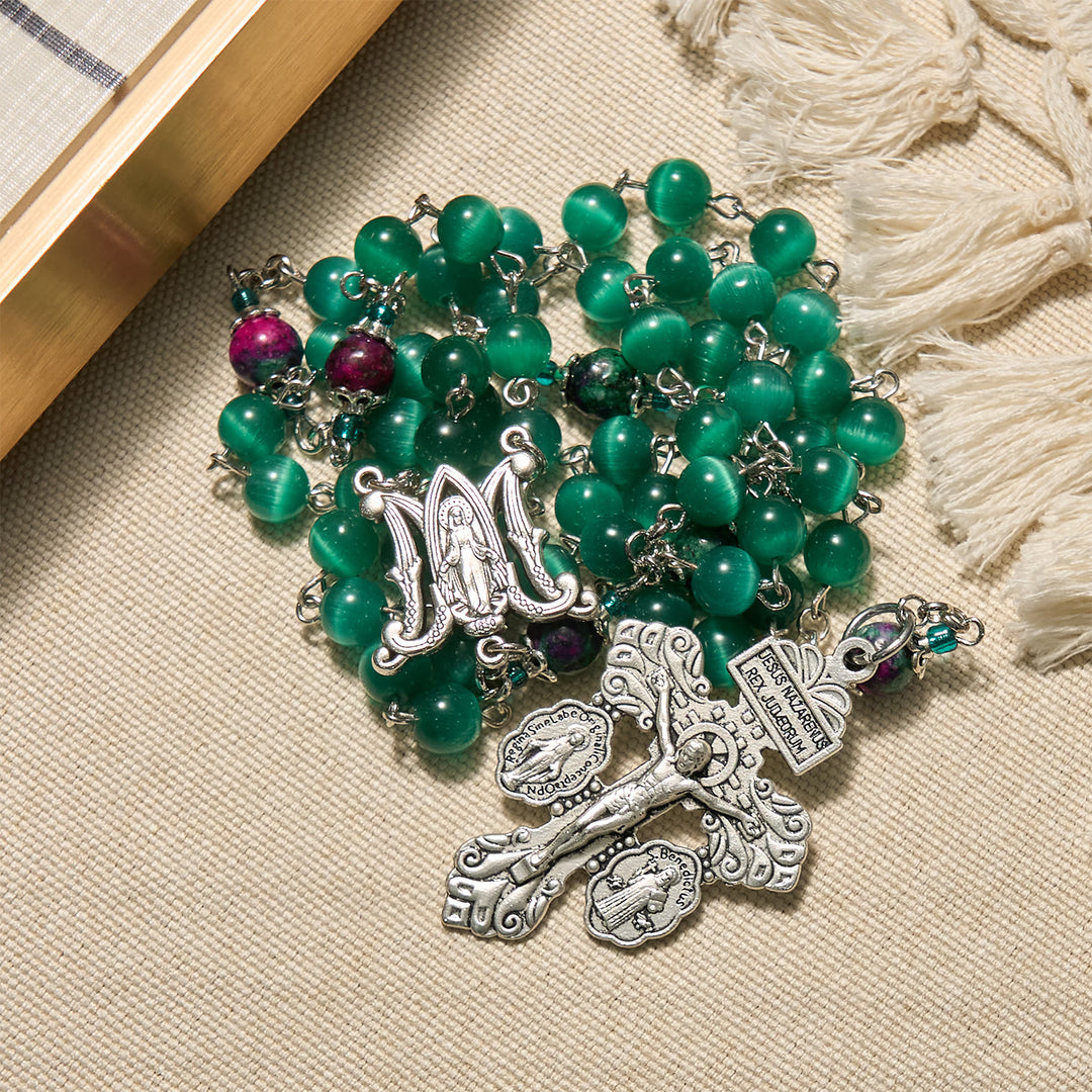 Christianartworkshop Chapelet en œil de chat vert paon naturel avec médaille miraculeuse et crucifix - image 6