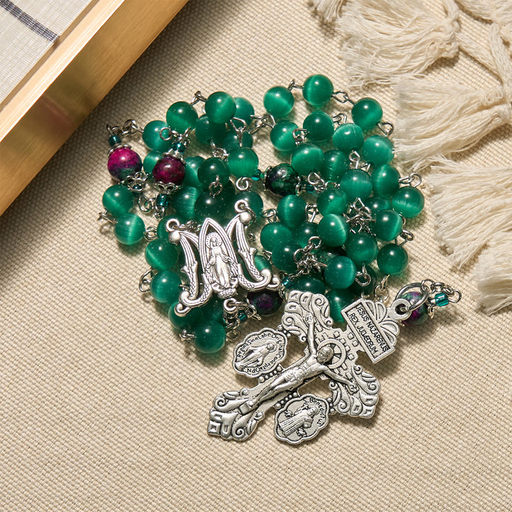 Christianartworkshop Chapelet en œil de chat vert paon naturel avec médaille miraculeuse et crucifix - image 6