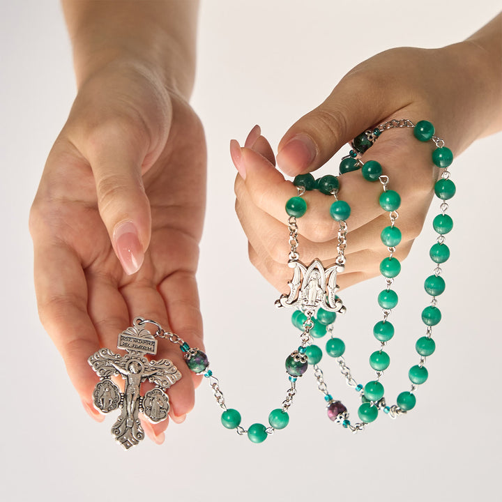 Christianartworkshop Chapelet en œil de chat vert paon naturel avec médaille miraculeuse et crucifix - image 7