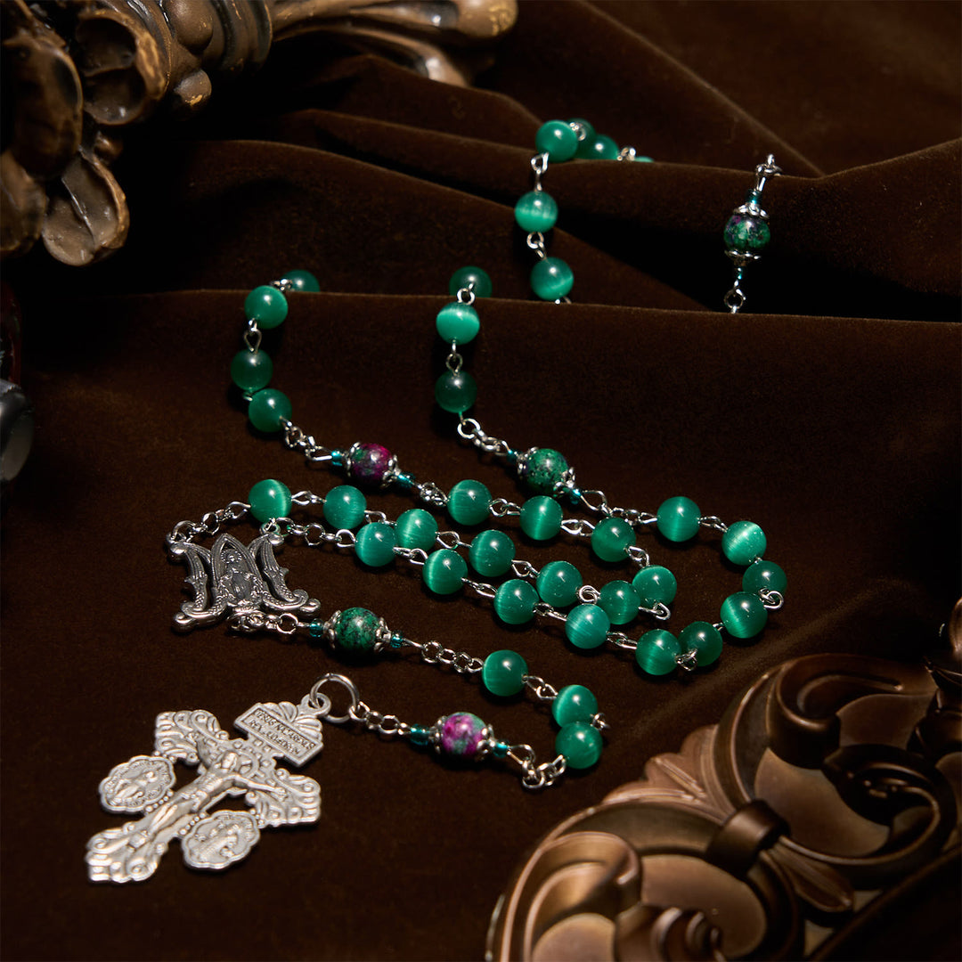 Christianartworkshop Chapelet en œil de chat vert paon naturel avec médaille miraculeuse et crucifix - image 0