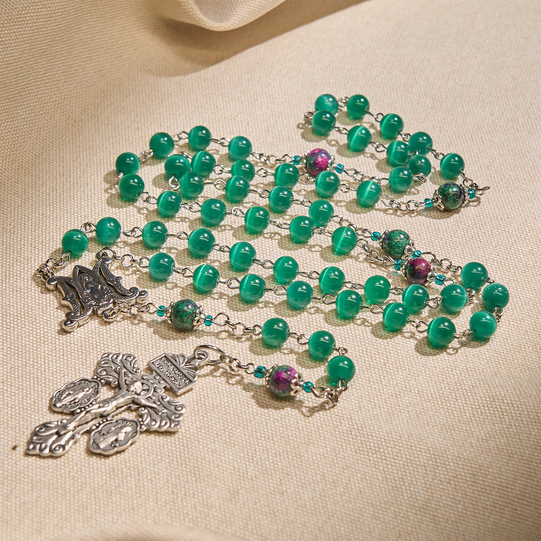 Christianartworkshop Chapelet en œil de chat vert paon naturel avec médaille miraculeuse et crucifix - Médaille miraculeuse et crucifix du pardon - image 1