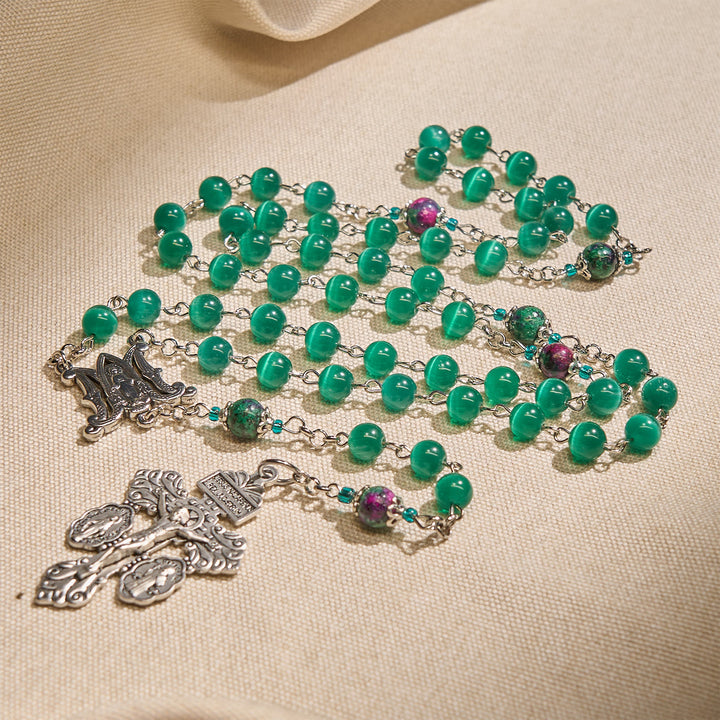 Christianartworkshop Chapelet en œil de chat vert paon naturel avec médaille miraculeuse et crucifix - Médaille miraculeuse et crucifix du pardon - image 1