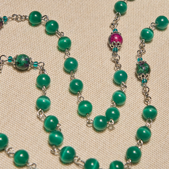 Christianartworkshop Chapelet en œil de chat vert paon naturel avec médaille miraculeuse et crucifix - image 5