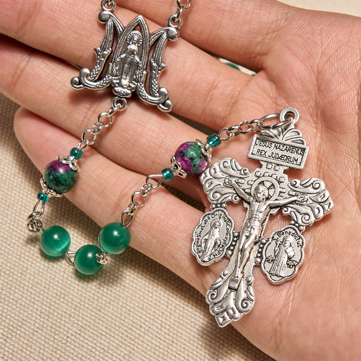 Christianartworkshop Chapelet en œil de chat vert paon naturel avec médaille miraculeuse et crucifix - image 4