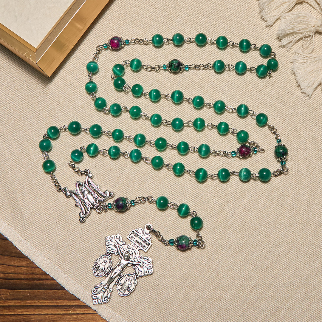 Christianartworkshop Chapelet en œil de chat vert paon naturel avec médaille miraculeuse et crucifix - image 3
