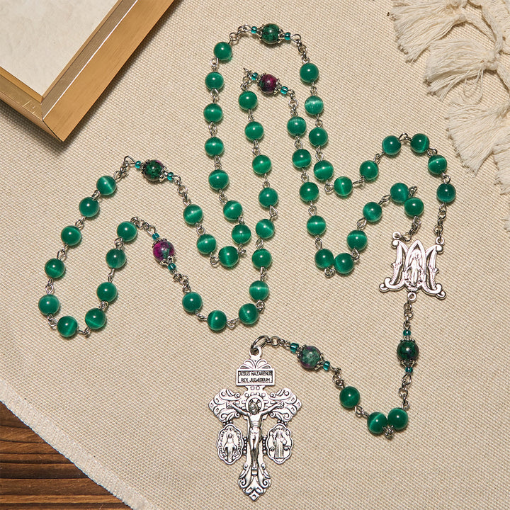 Christianartworkshop Chapelet en œil de chat vert paon naturel avec médaille miraculeuse et crucifix - image 2
