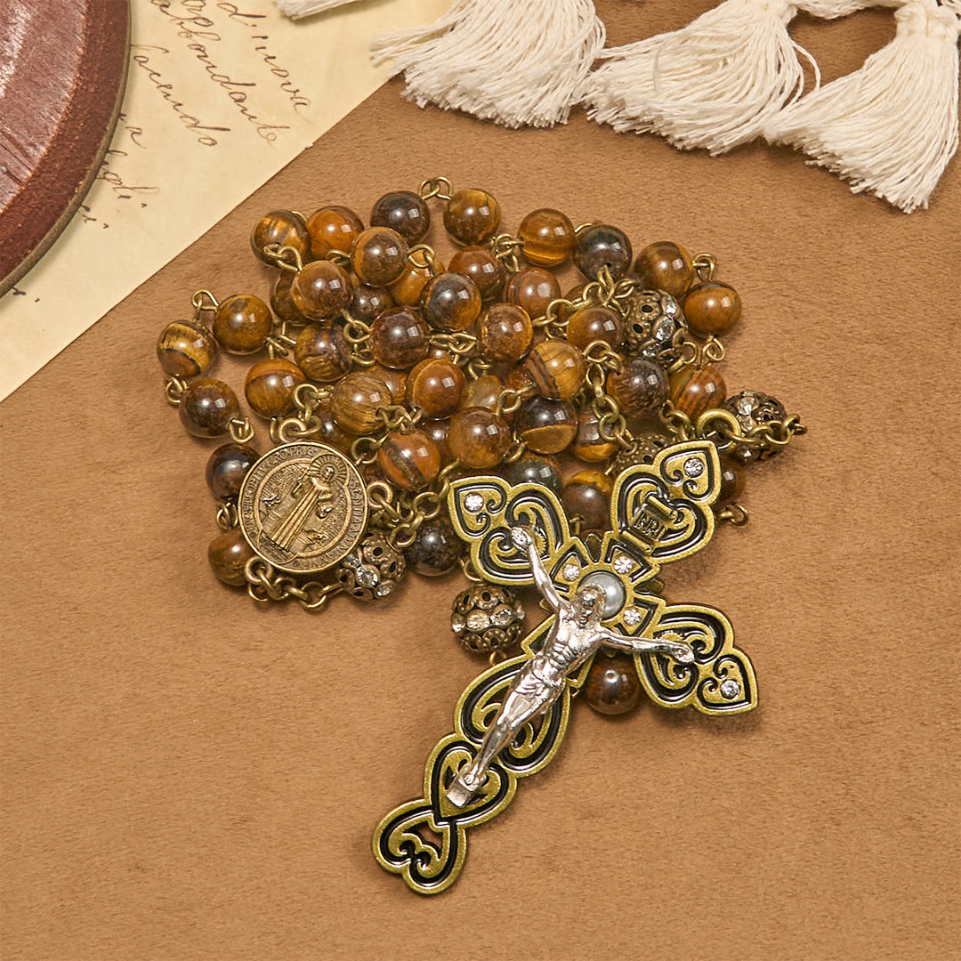 Christianartworkshop Perles en œil de tigre naturel et médaille de saint Benoît en bronze avec chapelet crucifix - image 6