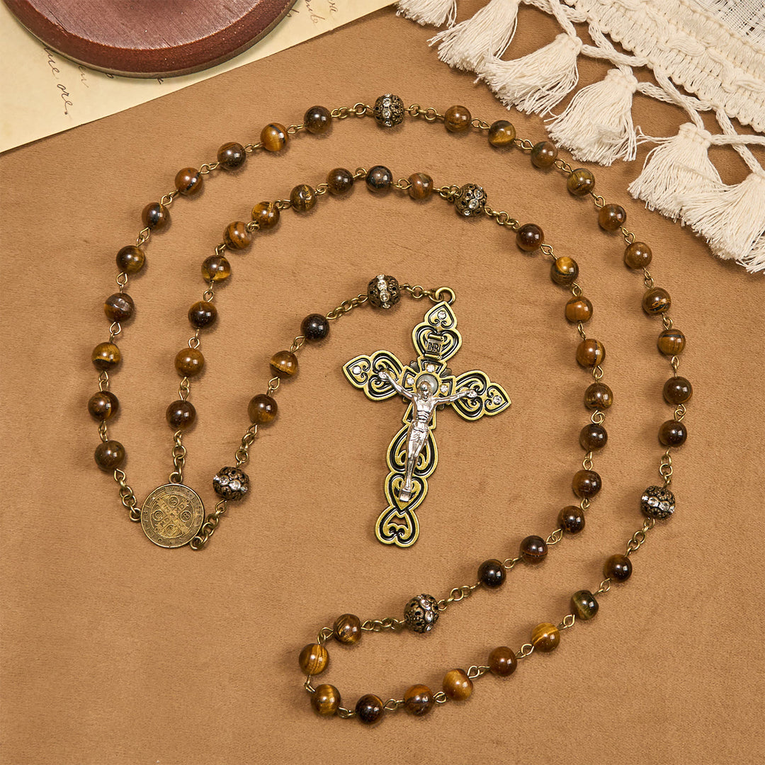 Christianartworkshop Perles en œil de tigre naturel et médaille de saint Benoît en bronze avec chapelet crucifix - Saint Benoît et le Crucifix - image 0
