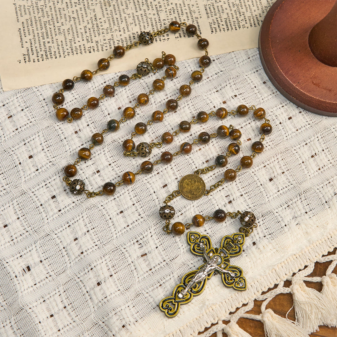 Christianartworkshop Perles en œil de tigre naturel et médaille de saint Benoît en bronze avec chapelet crucifix - image 1