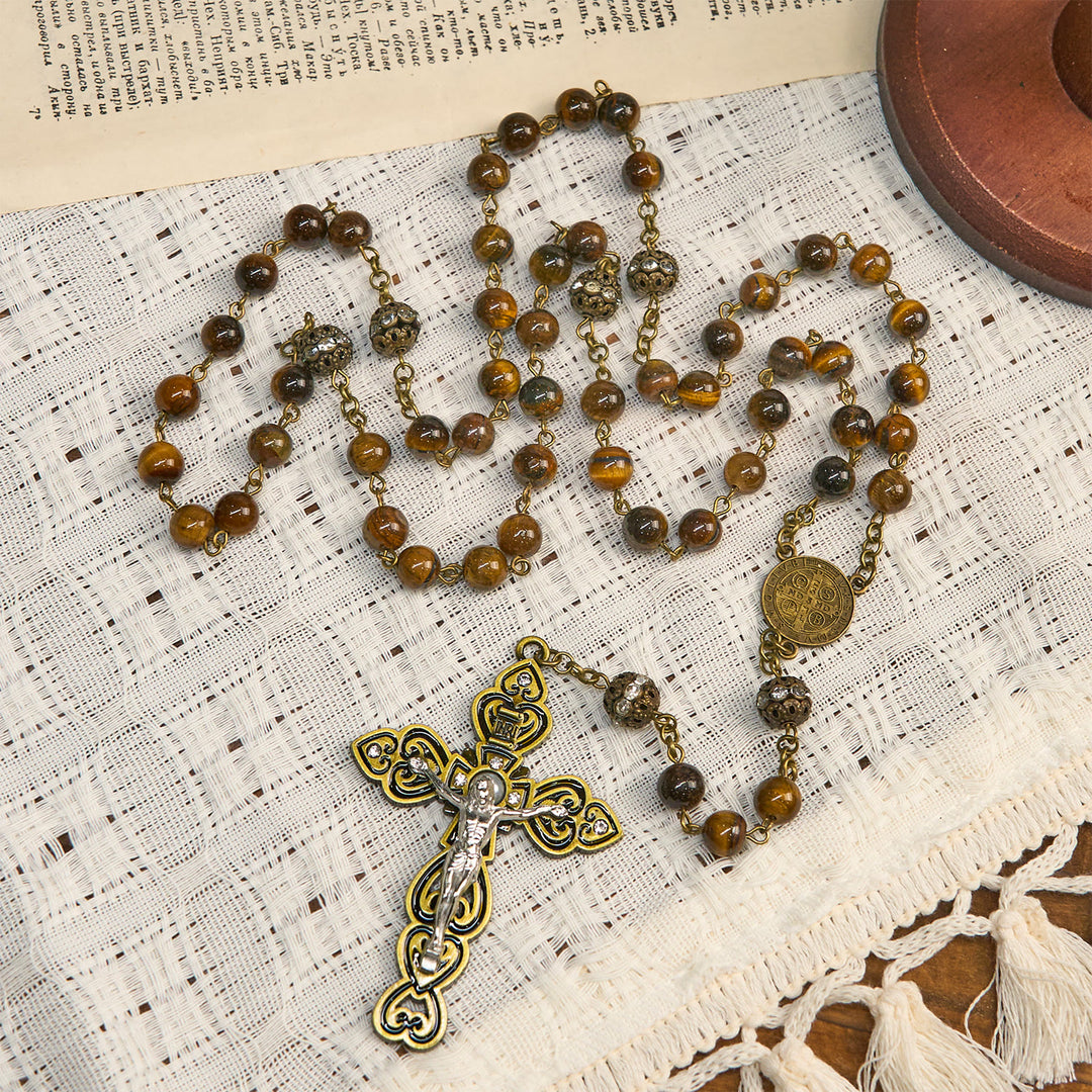 Christianartworkshop Perles en œil de tigre naturel et médaille de saint Benoît en bronze avec chapelet crucifix - image 2