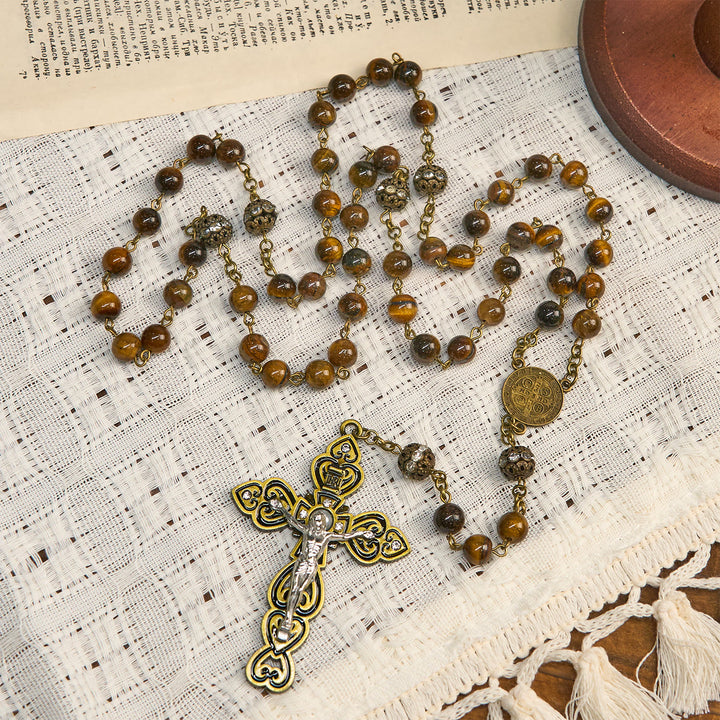 Christianartworkshop Perles en œil de tigre naturel et médaille de saint Benoît en bronze avec chapelet crucifix - image 2