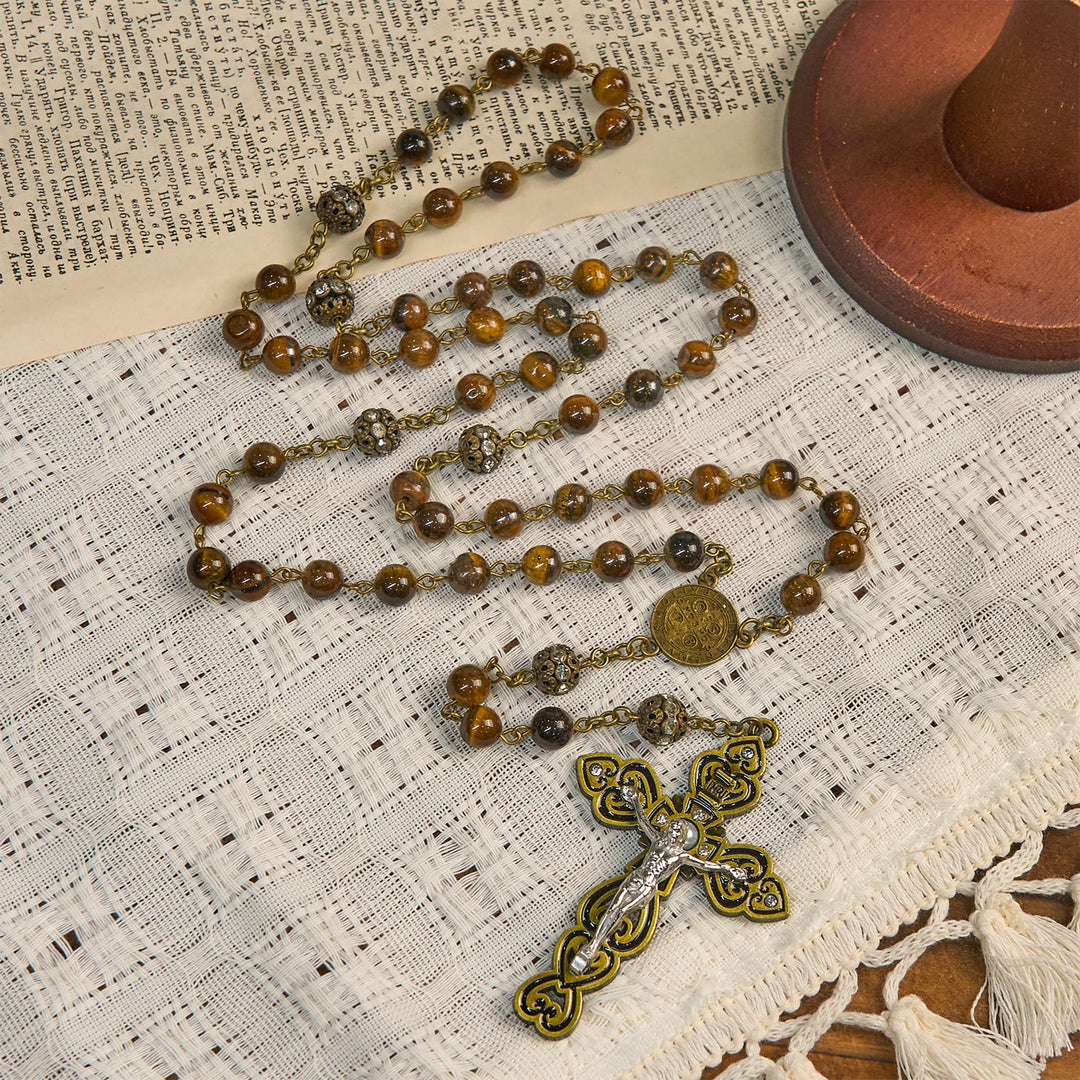 Christianartworkshop Perles en œil de tigre naturel et médaille de saint Benoît en bronze avec chapelet crucifix - image 3