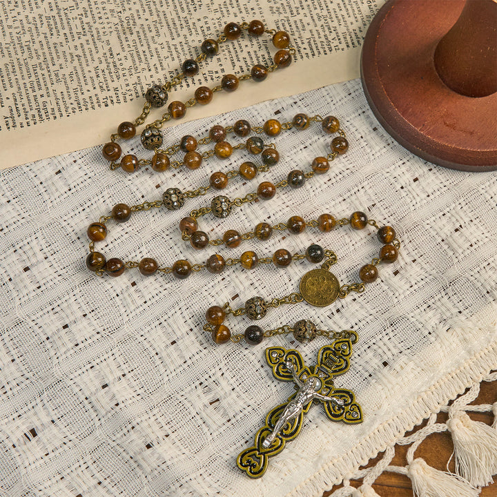 Christianartworkshop Perles en œil de tigre naturel et médaille de saint Benoît en bronze avec chapelet crucifix - image 3