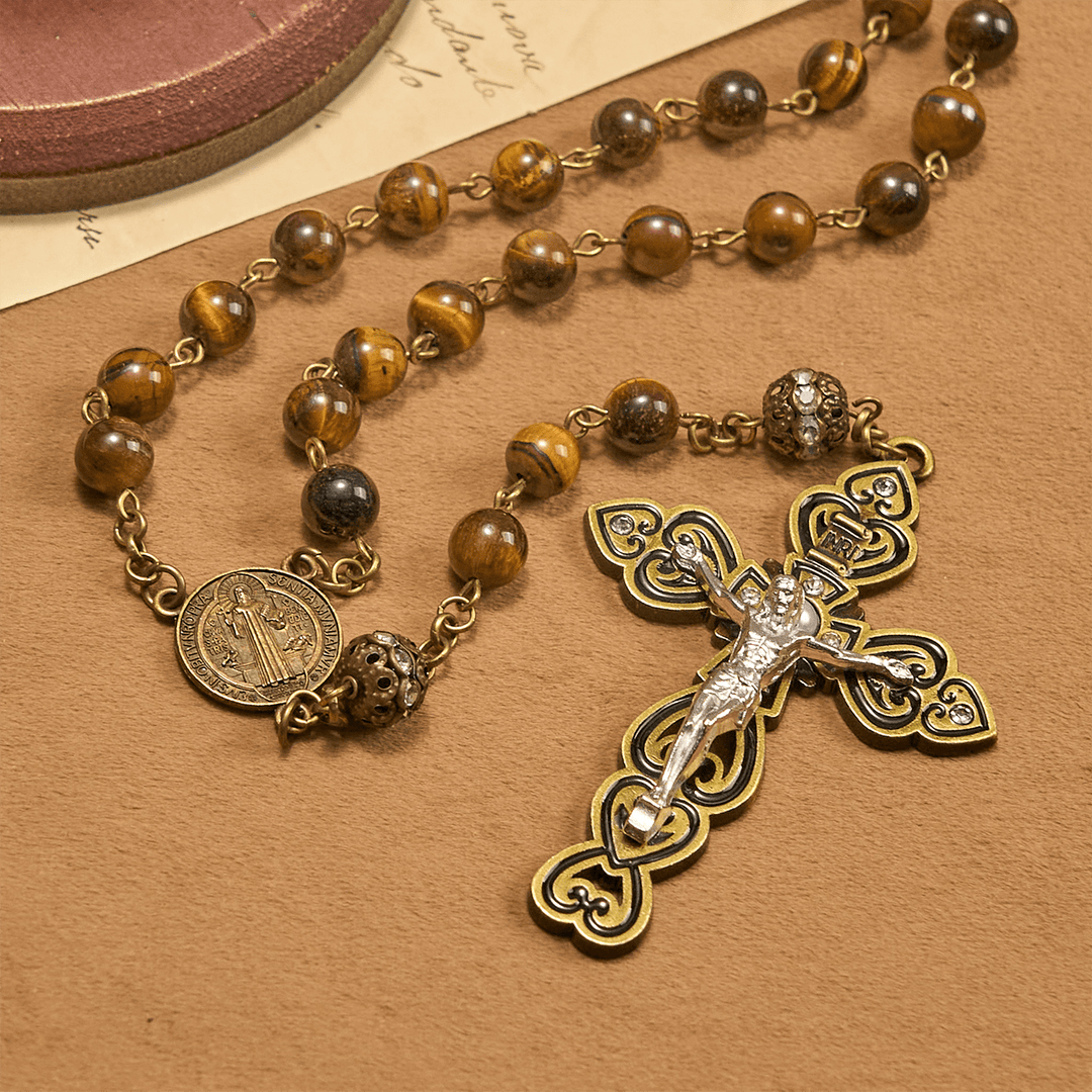 Christianartworkshop Perles en œil de tigre naturel et médaille de saint Benoît en bronze avec chapelet crucifix - image 4